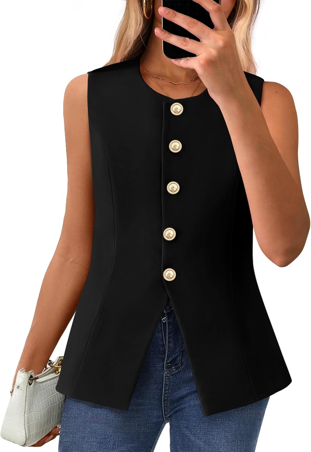 BTFBM Summer Sleeveless Blazer Vest For Women Dressy Button Down Round Neck Business Casual Outfits Work Suit Vests Tops - 7DAY'S