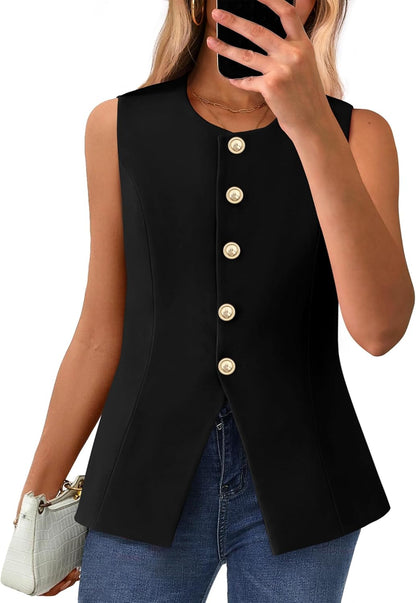 BTFBM Summer Sleeveless Blazer Vest For Women Dressy Button Down Round Neck Business Casual Outfits Work Suit Vests Tops - 7DAY'S