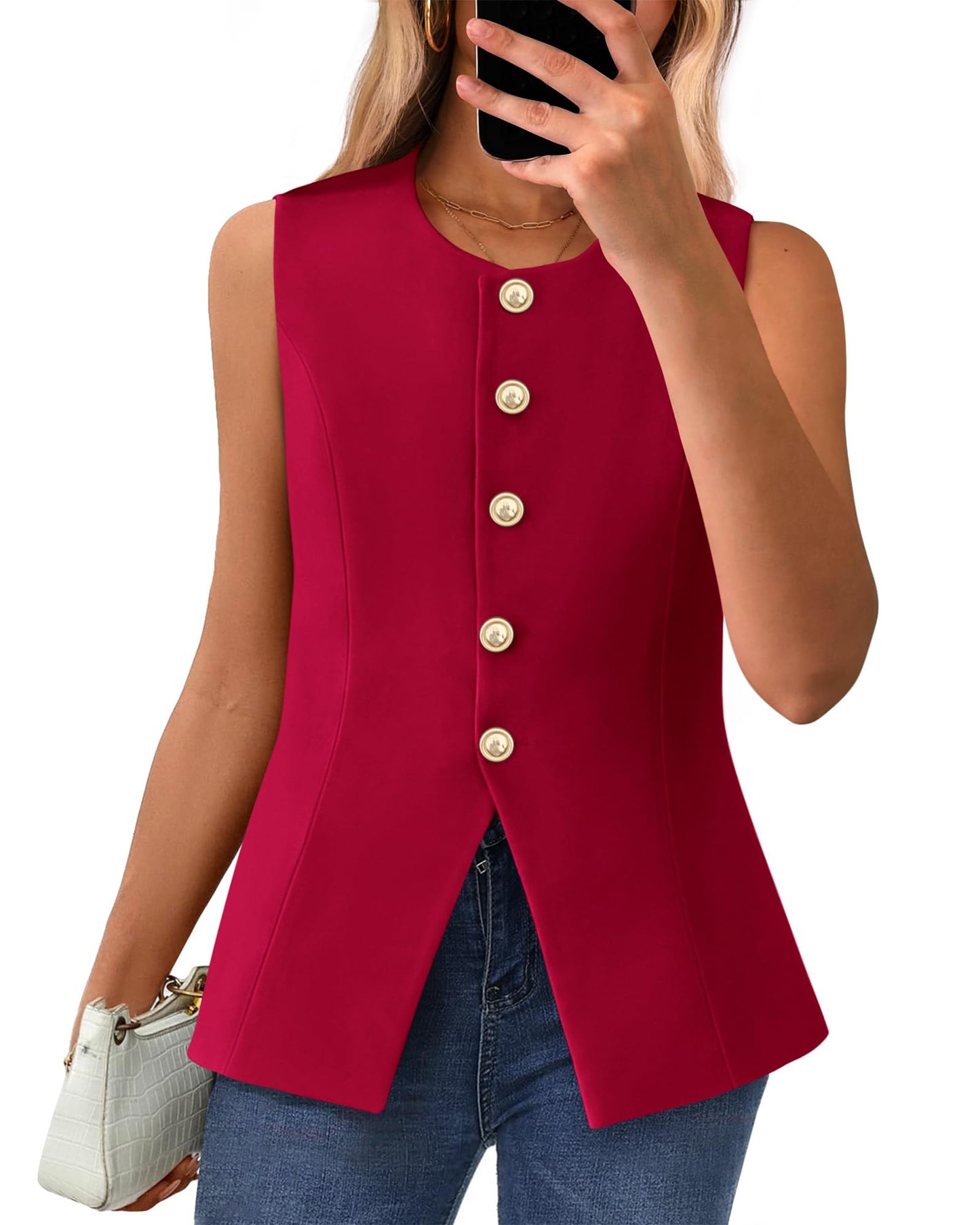 BTFBM Summer Sleeveless Blazer Vest For Women Dressy Button Down Round Neck Business Casual Outfits Work Suit Vests Tops - 7DAY'S