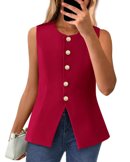 BTFBM Summer Sleeveless Blazer Vest For Women Dressy Button Down Round Neck Business Casual Outfits Work Suit Vests Tops - 7DAY'S