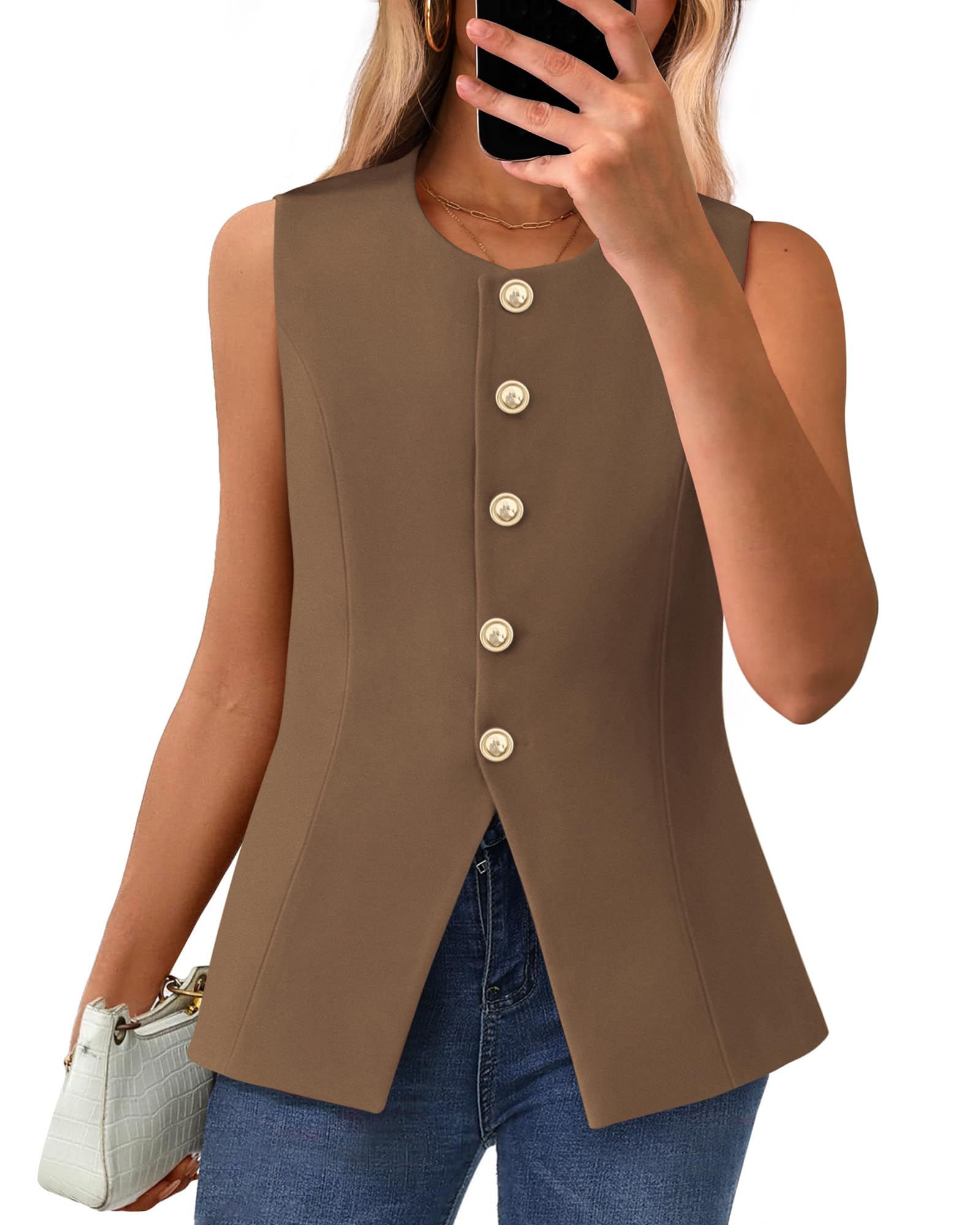 BTFBM Summer Sleeveless Blazer Vest For Women Dressy Button Down Round Neck Business Casual Outfits Work Suit Vests Tops - 7DAY'S