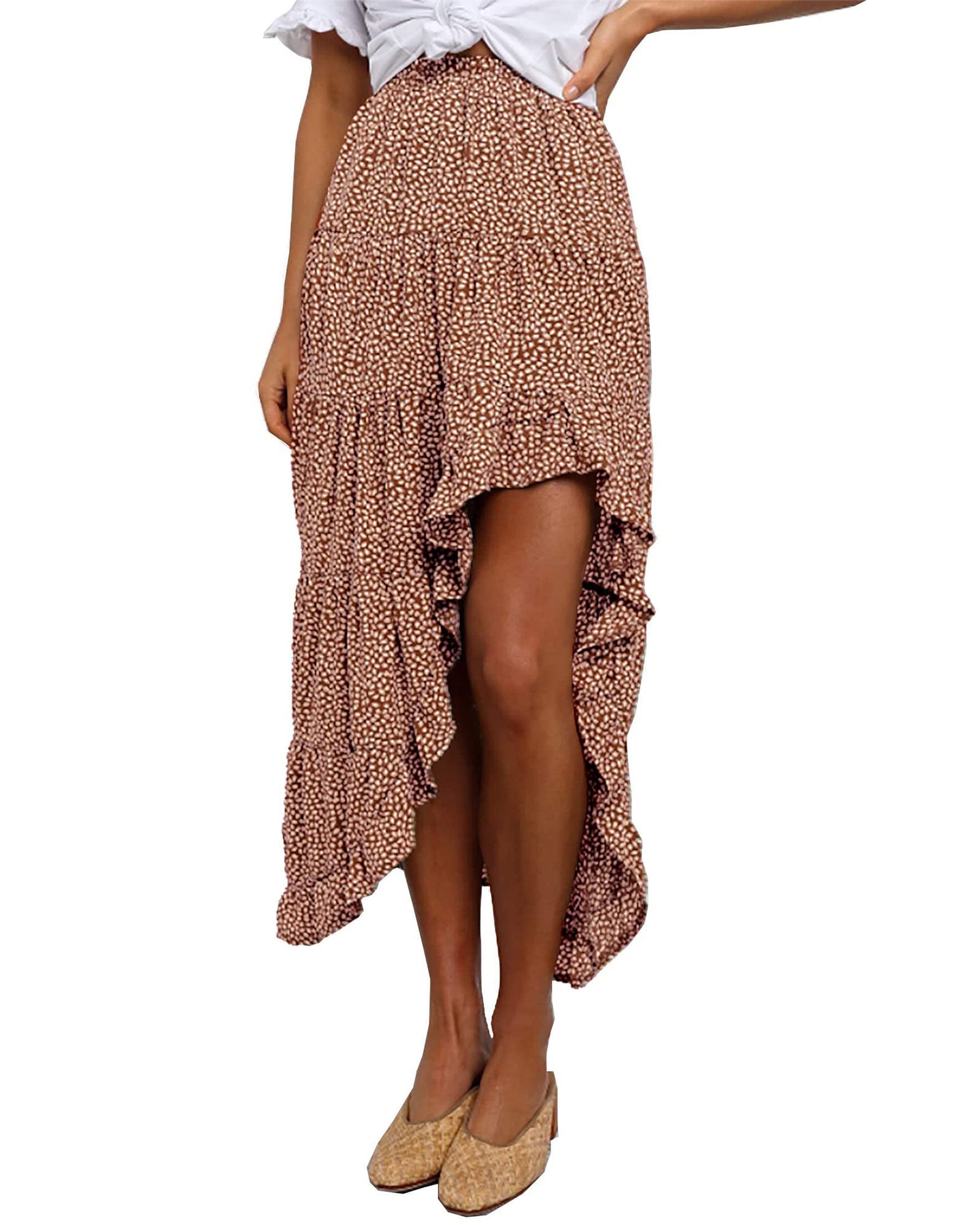 BTFBM Women 2025 Summer Fall Boho Long Skirts Dress Floral Print Elastic Waist Split Ruffle High Low Beach Maxi Skirt - 7DAY'S