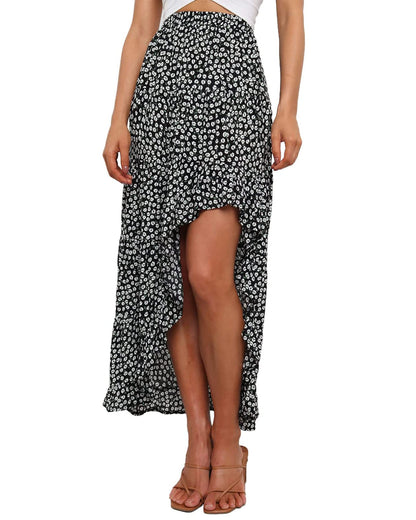 BTFBM Women 2025 Summer Fall Boho Long Skirts Dress Floral Print Elastic Waist Split Ruffle High Low Beach Maxi Skirt - 7DAY'S