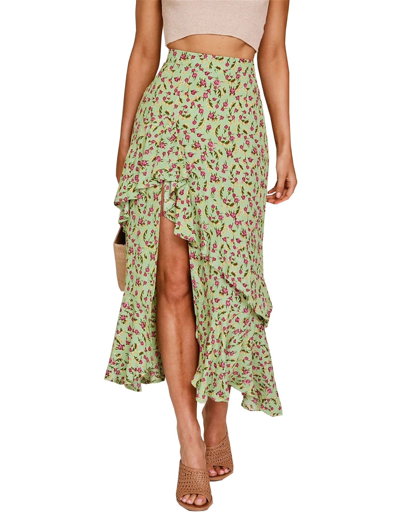 BTFBM Women 2025 Summer Fall Boho Long Skirts Dress Floral Print Elastic Waist Split Ruffle High Low Beach Maxi Skirt - 7DAY'S