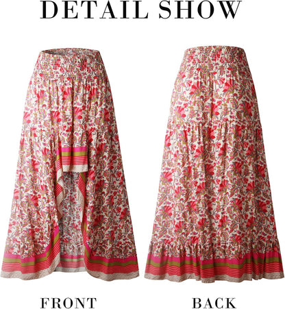 BTFBM Women 2025 Summer Fall Boho Long Skirts Dress Floral Print Elastic Waist Split Ruffle High Low Beach Maxi Skirt - 7DAY'S