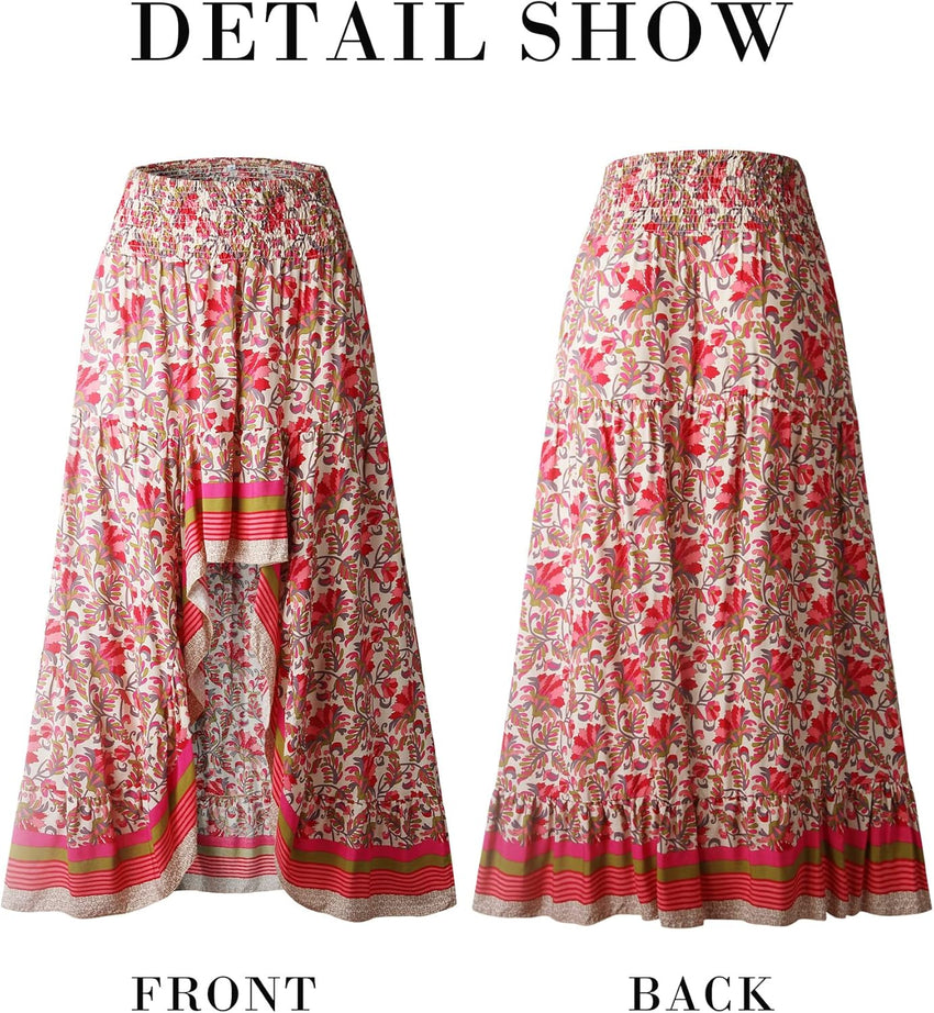 BTFBM Women 2025 Summer Fall Boho Long Skirts Dress Floral Print Elastic Waist Split Ruffle High Low Beach Maxi Skirt - 7DAY'S