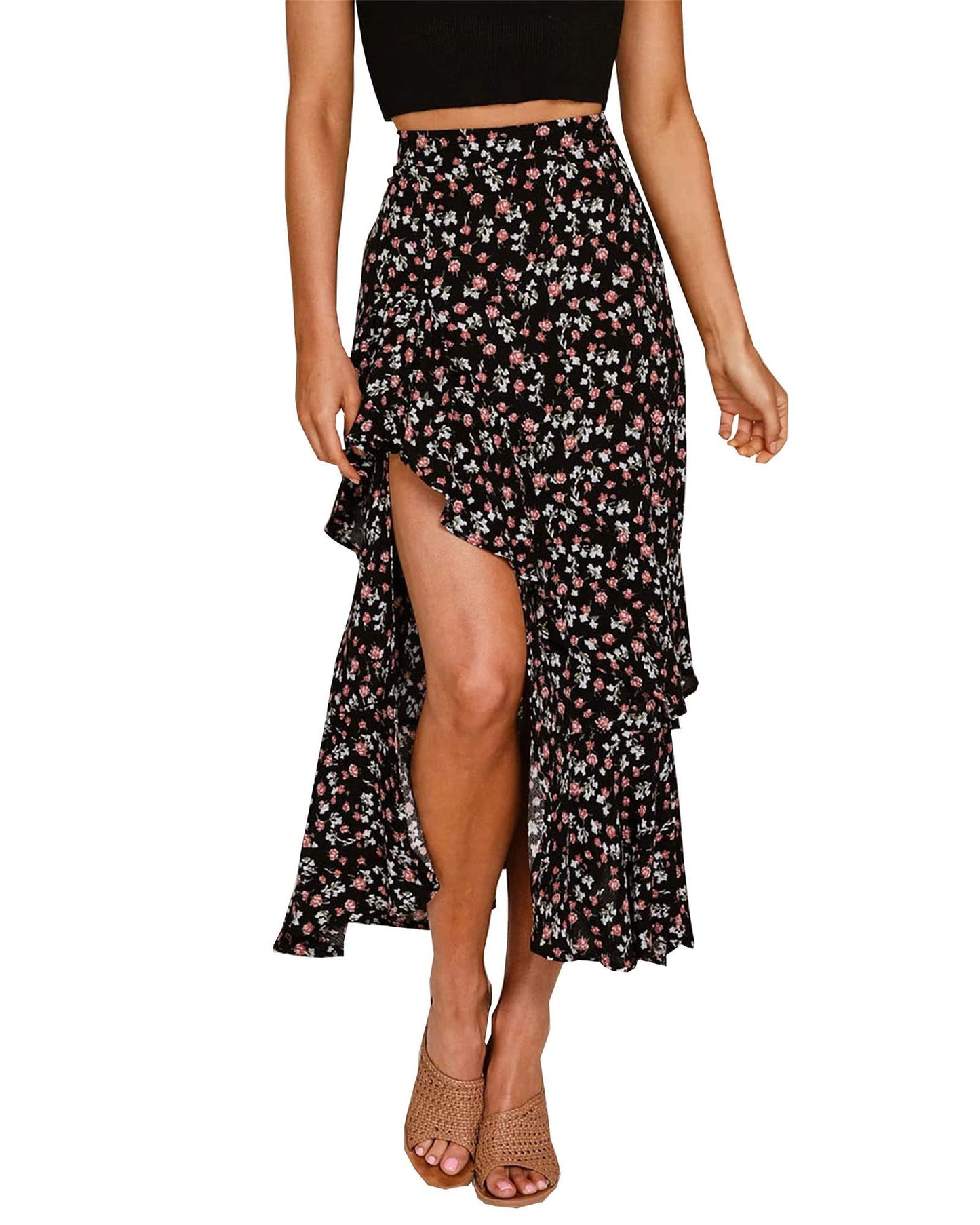 BTFBM Women 2025 Summer Fall Boho Long Skirts Dress Floral Print Elastic Waist Split Ruffle High Low Beach Maxi Skirt - 7DAY'S