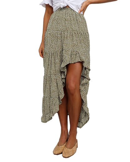 BTFBM Women 2025 Summer Fall Boho Long Skirts Dress Floral Print Elastic Waist Split Ruffle High Low Beach Maxi Skirt - 7DAY'S