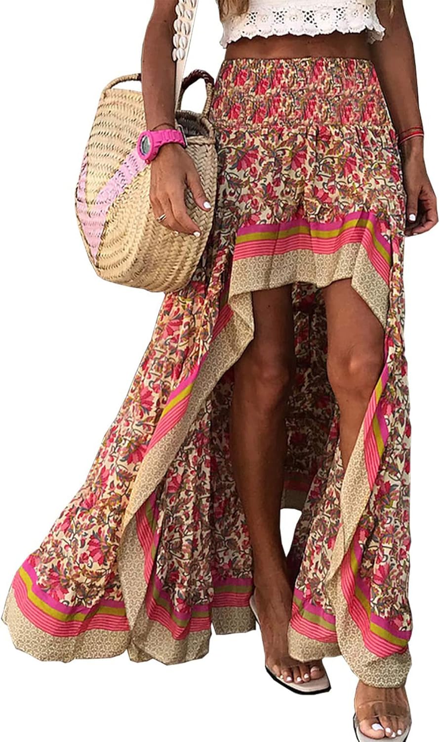 BTFBM Women 2025 Summer Fall Boho Long Skirts Dress Floral Print Elastic Waist Split Ruffle High Low Beach Maxi Skirt - 7DAY'S