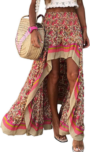 BTFBM Women 2025 Summer Fall Boho Long Skirts Dress Floral Print Elastic Waist Split Ruffle High Low Beach Maxi Skirt