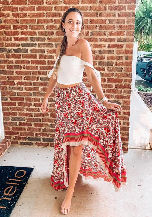 BTFBM Women 2025 Summer Fall Boho Long Skirts Dress Floral Print Elastic Waist Split Ruffle High Low Beach Maxi Skirt - 7DAY'S