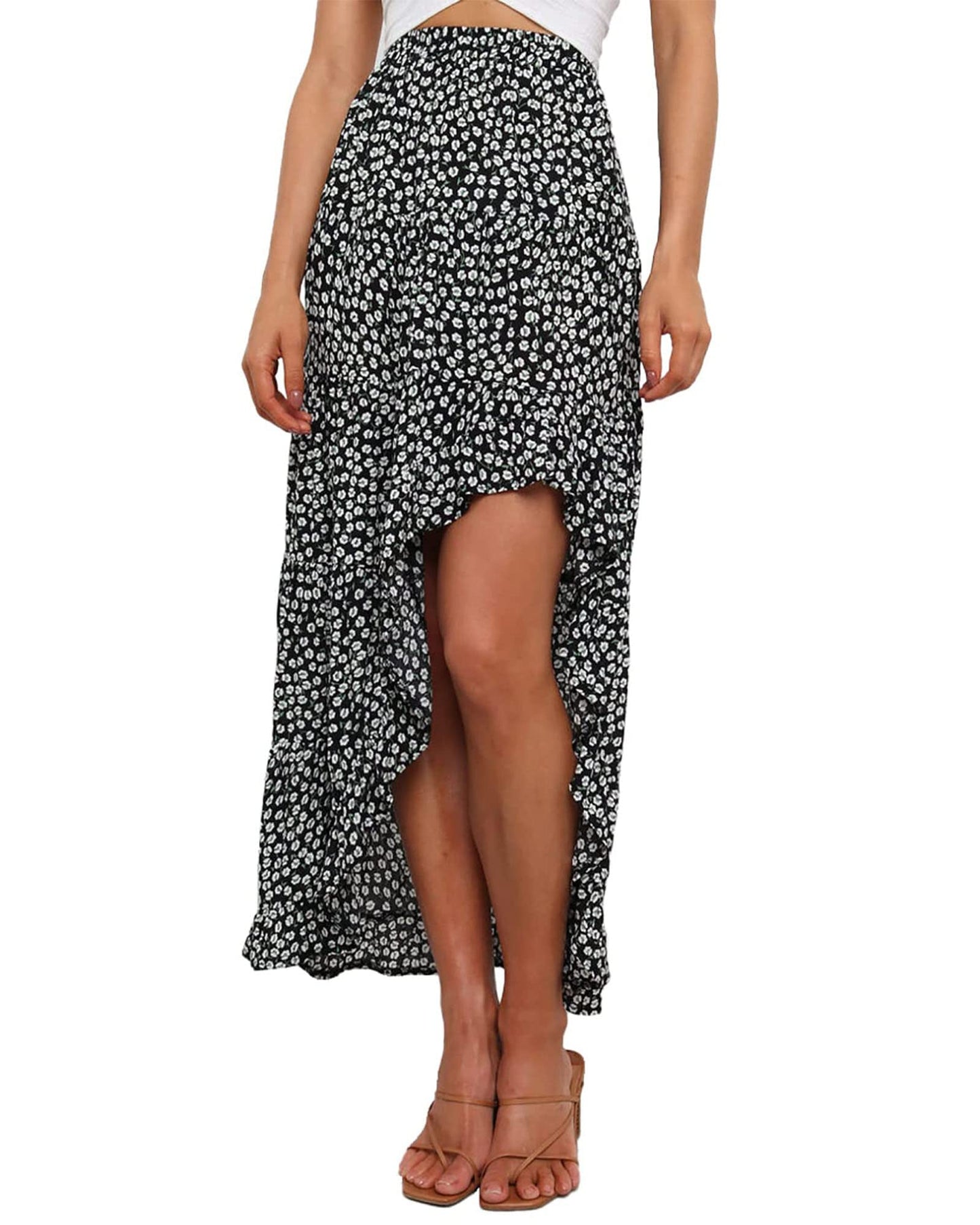 BTFBM Women 2025 Summer Fall Boho Long Skirts Dress Floral Print Elastic Waist Split Ruffle High Low Beach Maxi Skirt - 7DAY'S