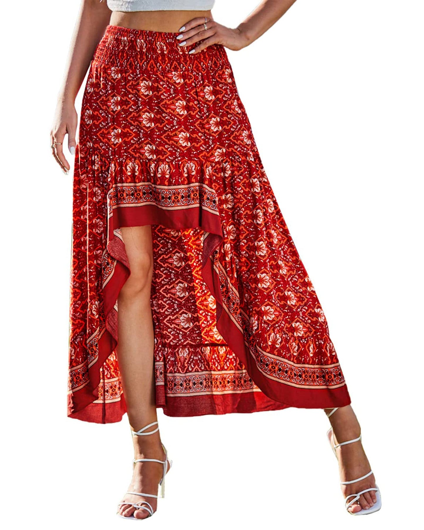 BTFBM Women 2025 Summer Fall Boho Long Skirts Dress Floral Print Elastic Waist Split Ruffle High Low Beach Maxi Skirt - 7DAY'S