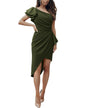 BTFBM Women 2025 Summer Fashion Elegant One Shoulder Cocktail Dress Ruffle Sleeve Wrap Ruched Bodycon Short Party Dresses - 7DAY'S