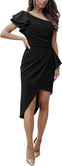 BTFBM Women 2025 Summer Fashion Elegant One Shoulder Cocktail Dress Ruffle Sleeve Wrap Ruched Bodycon Short Party Dresses - 7DAY'S