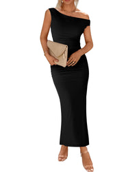BTFBM Women 2025 Summer One Shoulder Bodycon Ruched Maxi Dress Slit Mesh Long Formal Cocktail Fall Wedding Guest Dresses - 7DAY'S