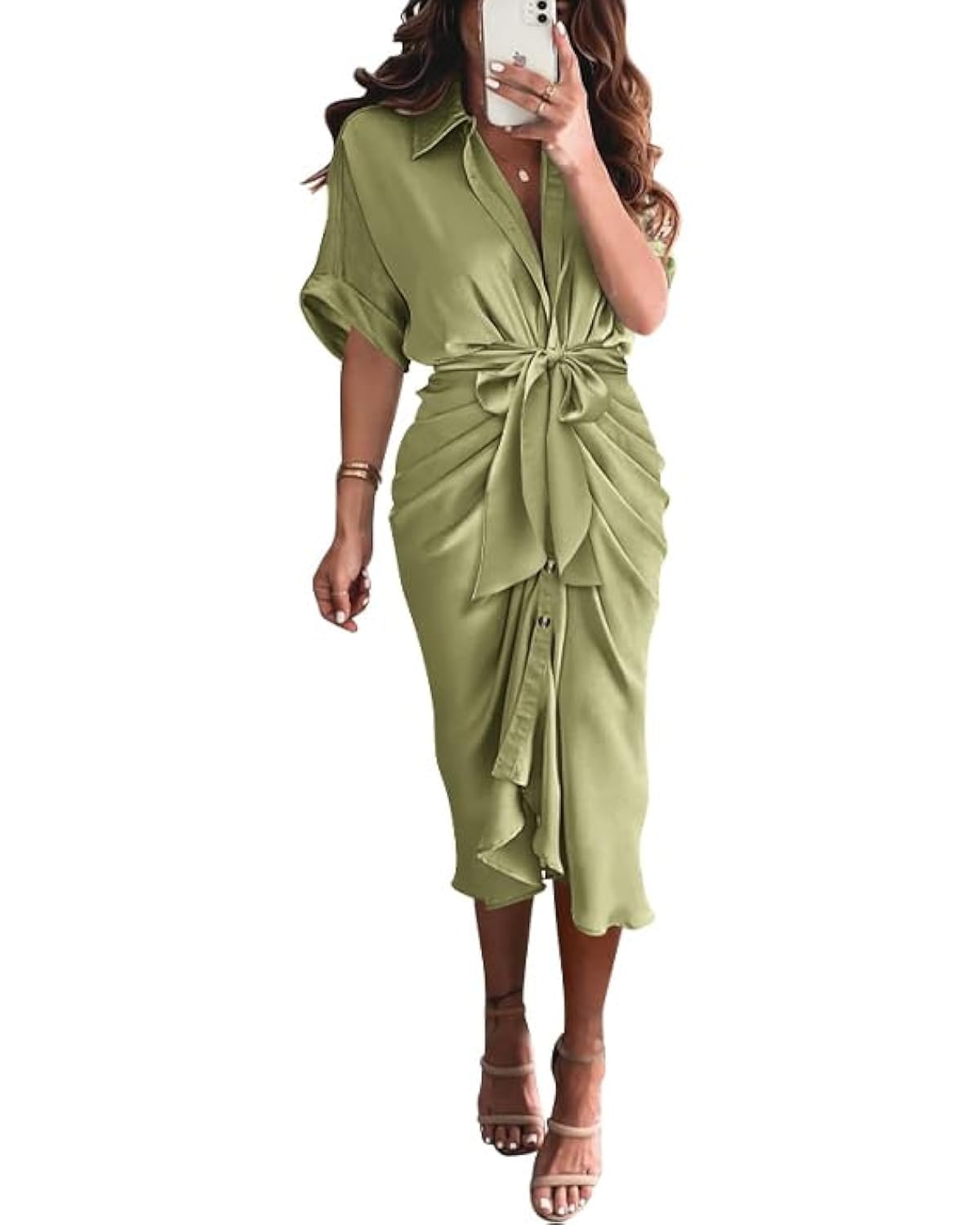 BTFBM Women Button Down Ruched Shirt Dresses Satin Short Sleeve Lapel V Neck Summer Maxi Dress 2025 Party Wedding Guest - 7DAY'S
