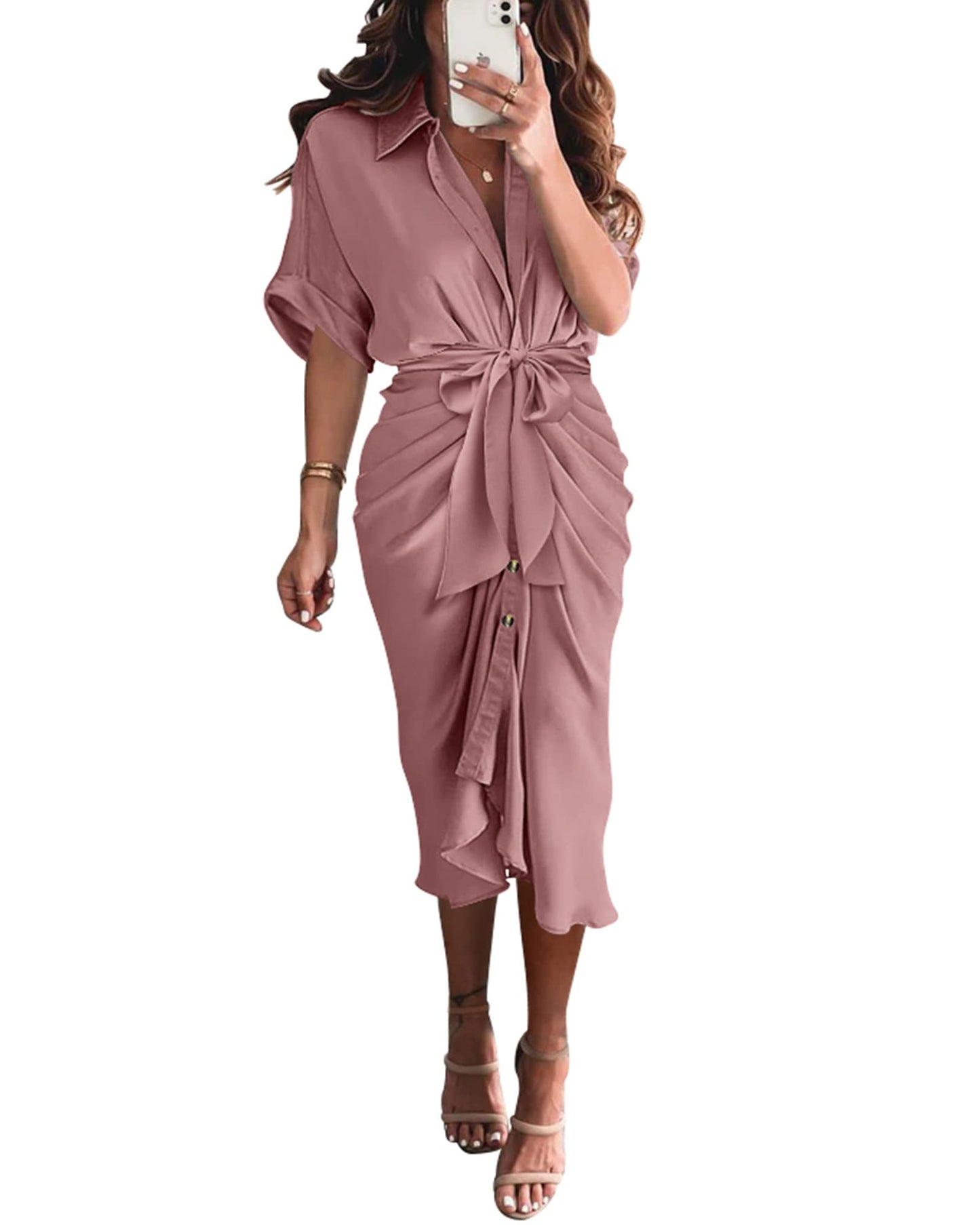 BTFBM Women Button Down Ruched Shirt Dresses Satin Short Sleeve Lapel V Neck Summer Maxi Dress 2025 Party Wedding Guest - 7DAY'S