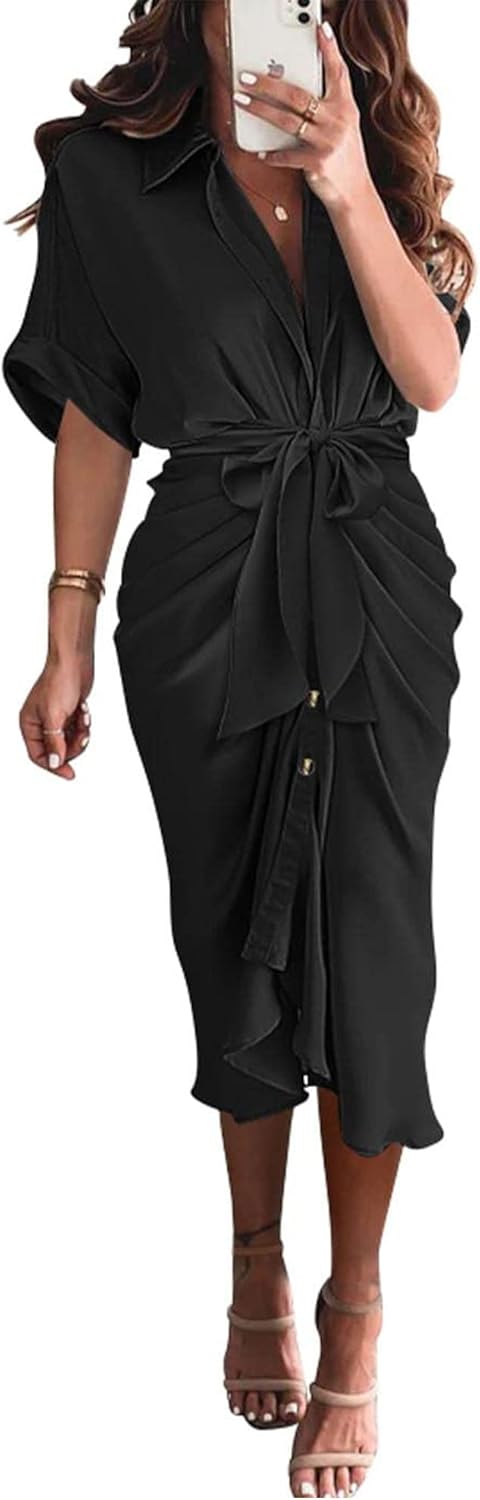 BTFBM Women Button Down Ruched Shirt Dresses Satin Short Sleeve Lapel V Neck Summer Maxi Dress 2025 Party Wedding Guest - 7DAY'S