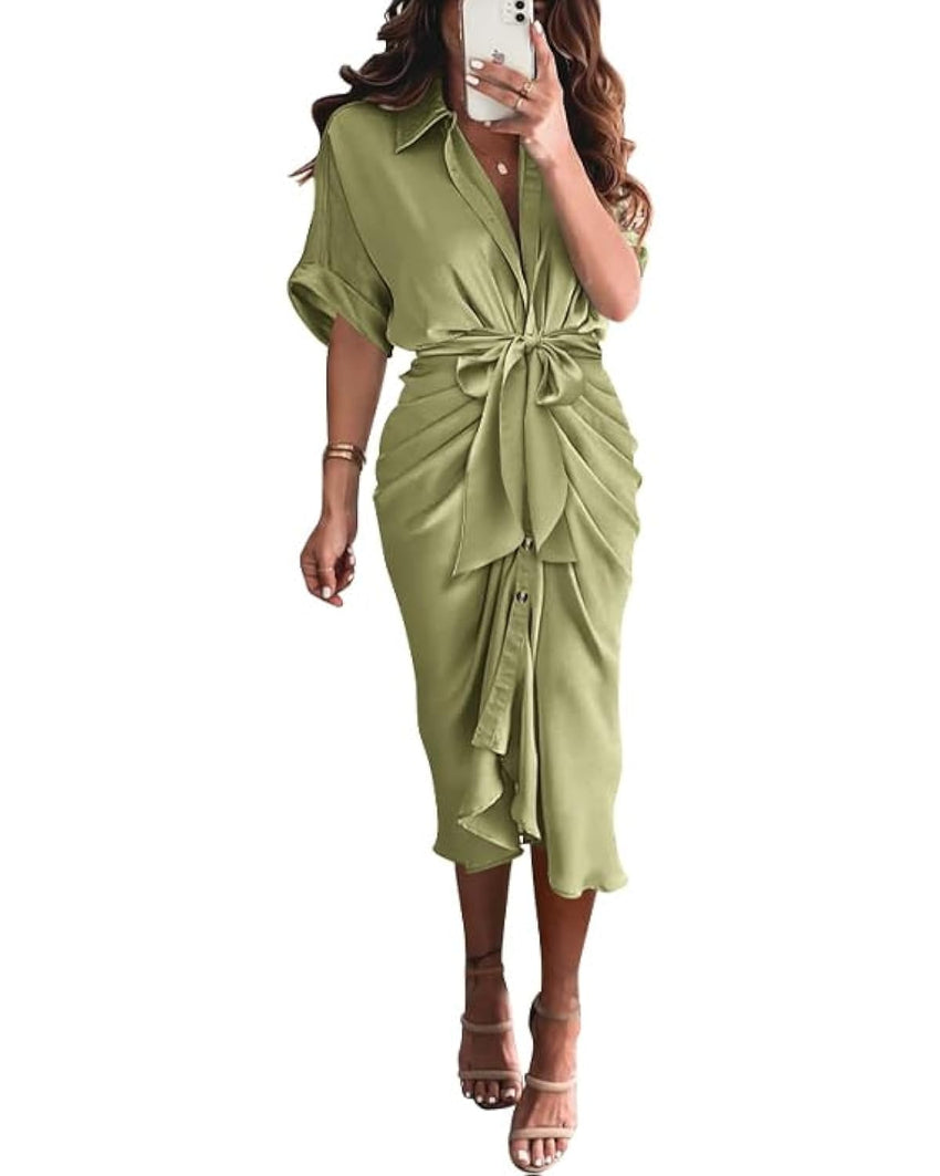 BTFBM Women Button Down Ruched Shirt Dresses Satin Short Sleeve Lapel V Neck Summer Maxi Dress 2025 Party Wedding Guest - 7DAY'S