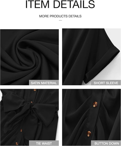 BTFBM Women Button Down Ruched Shirt Dresses Satin Short Sleeve Lapel V Neck Summer Maxi Dress 2025 Party Wedding Guest - 7DAY'S