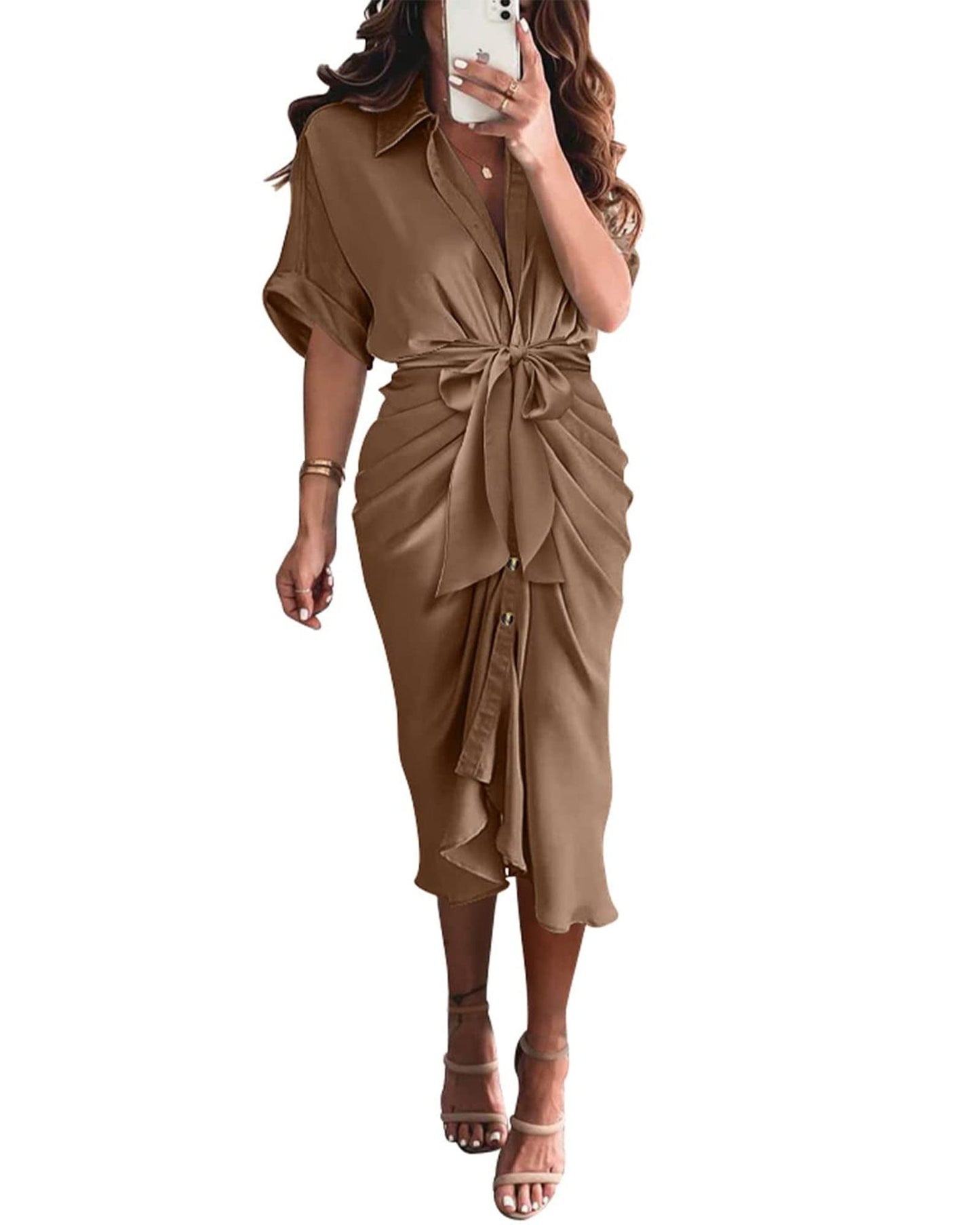 BTFBM Women Button Down Ruched Shirt Dresses Satin Short Sleeve Lapel V Neck Summer Maxi Dress 2025 Party Wedding Guest - 7DAY'S
