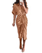 BTFBM Women Button Down Ruched Shirt Dresses Satin Short Sleeve Lapel V Neck Summer Maxi Dress 2025 Party Wedding Guest - 7DAY'S