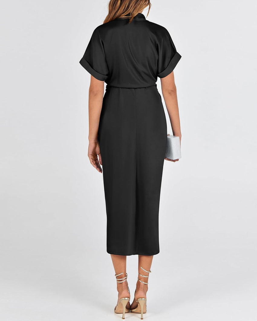 BTFBM Women Button Down Ruched Shirt Dresses Satin Short Sleeve Lapel V Neck Summer Maxi Dress 2025 Party Wedding Guest - 7DAY'S
