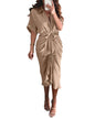 BTFBM Women Button Down Ruched Shirt Dresses Satin Short Sleeve Lapel V Neck Summer Maxi Dress 2025 Party Wedding Guest - 7DAY'S
