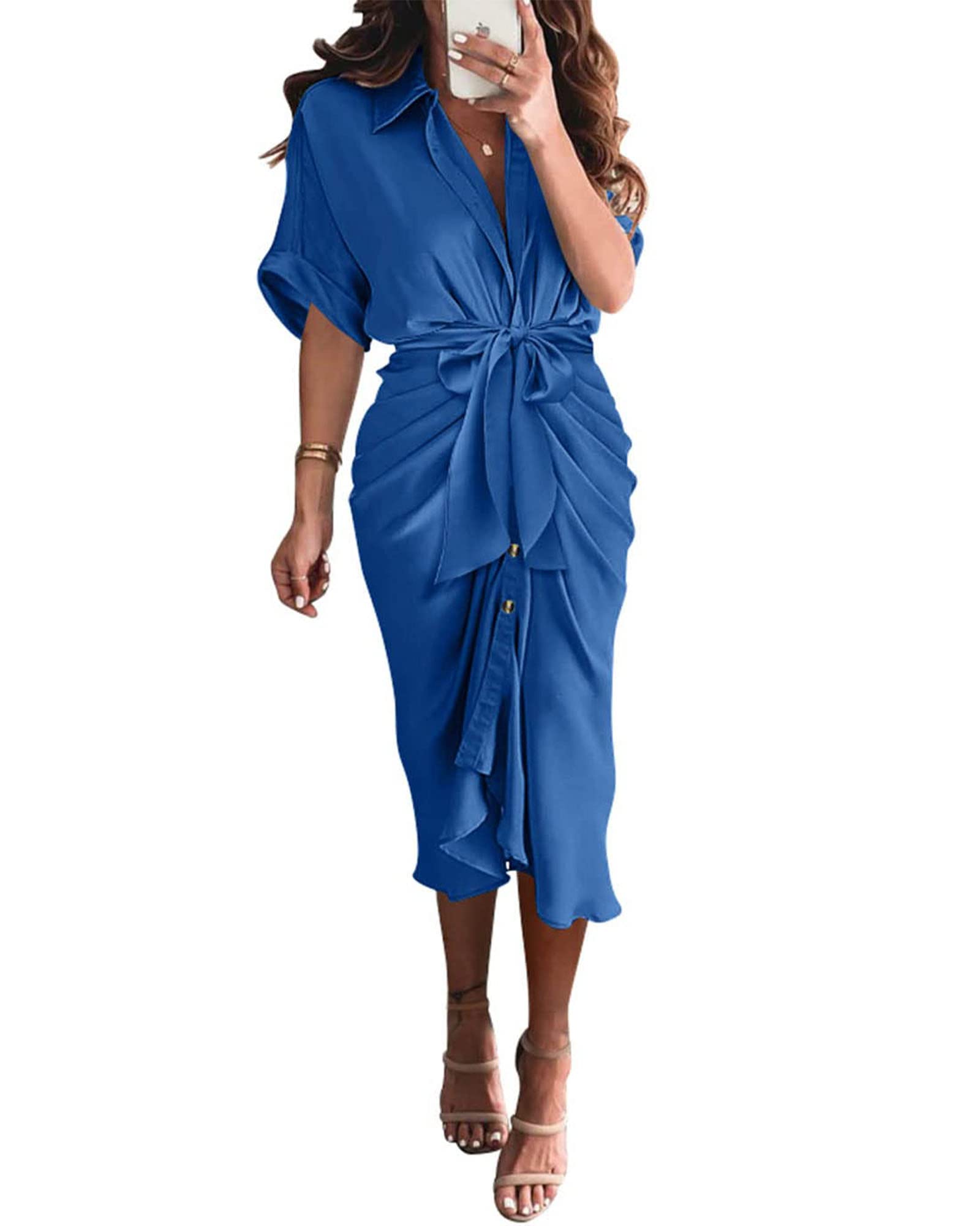 BTFBM Women Button Down Ruched Shirt Dresses Satin Short Sleeve Lapel V Neck Summer Maxi Dress 2025 Party Wedding Guest - 7DAY'S