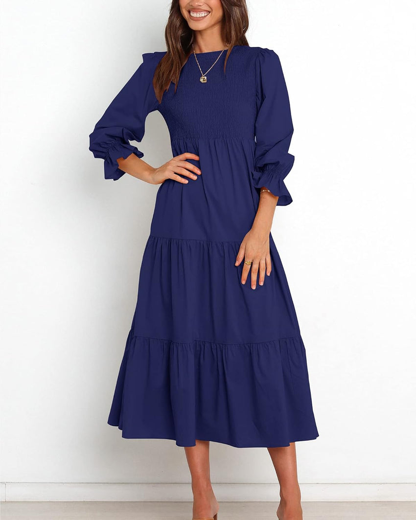 BTFBM Women Casual Long Sleeve Crew Neck Fall Dress Bohemian Relaxed Fit Floral Flowy Maxi Dresses Tiered Cocktail Dress - 7DAY'S