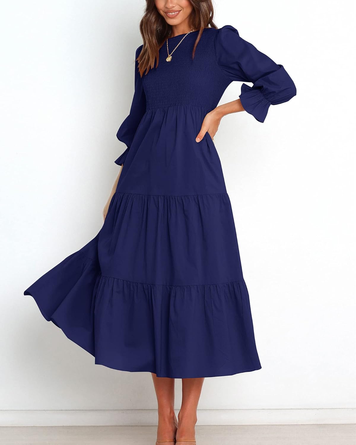 BTFBM Women Casual Long Sleeve Crew Neck Fall Dress Bohemian Relaxed Fit Floral Flowy Maxi Dresses Tiered Cocktail Dress - 7DAY'S