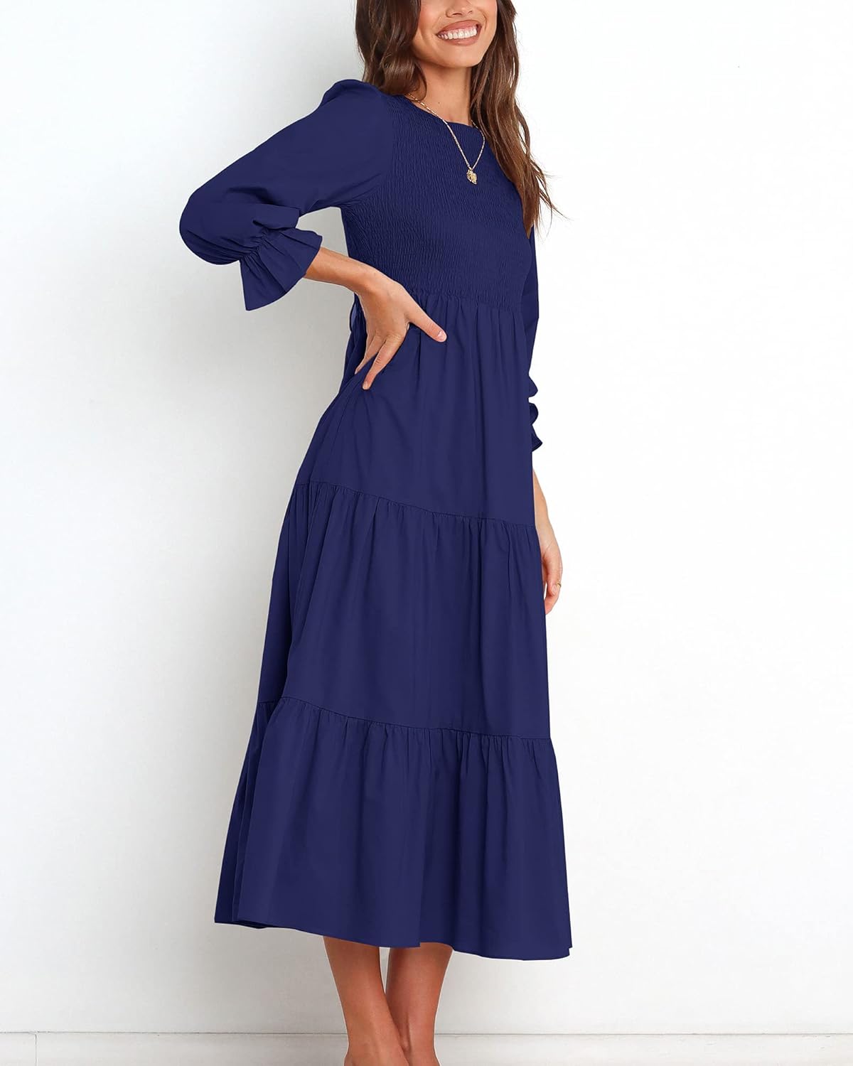 BTFBM Women Casual Long Sleeve Crew Neck Fall Dress Bohemian Relaxed Fit Floral Flowy Maxi Dresses Tiered Cocktail Dress - 7DAY'S