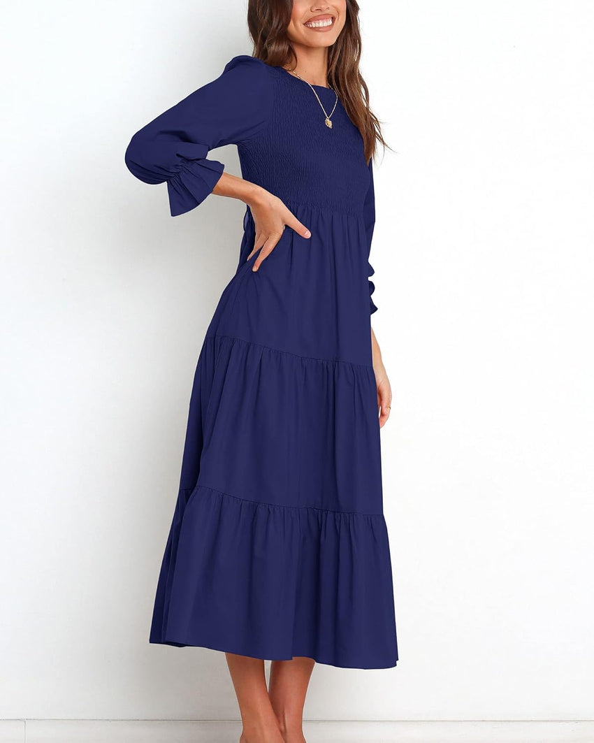BTFBM Women Casual Long Sleeve Crew Neck Fall Dress Bohemian Relaxed Fit Floral Flowy Maxi Dresses Tiered Cocktail Dress - 7DAY'S