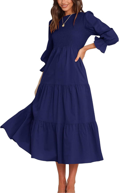 BTFBM Women Casual Long Sleeve Crew Neck Fall Dress Bohemian Relaxed Fit Floral Flowy Maxi Dresses Tiered Cocktail Dress - 7DAY'S