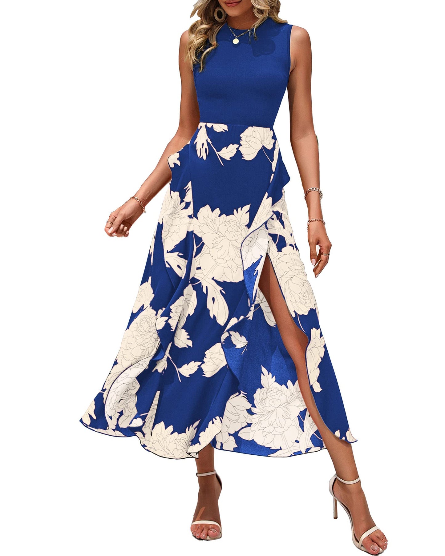 BTFBM Women Casual Sleeveless Summer Dresses 2025 Spring Crewneck Patchwork Boho Floral Ruffle Cocktail Party Midi Dress - 7DAY'S