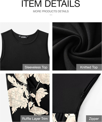 BTFBM Women Casual Sleeveless Summer Dresses 2025 Spring Crewneck Patchwork Boho Floral Ruffle Cocktail Party Midi Dress - 7DAY'S