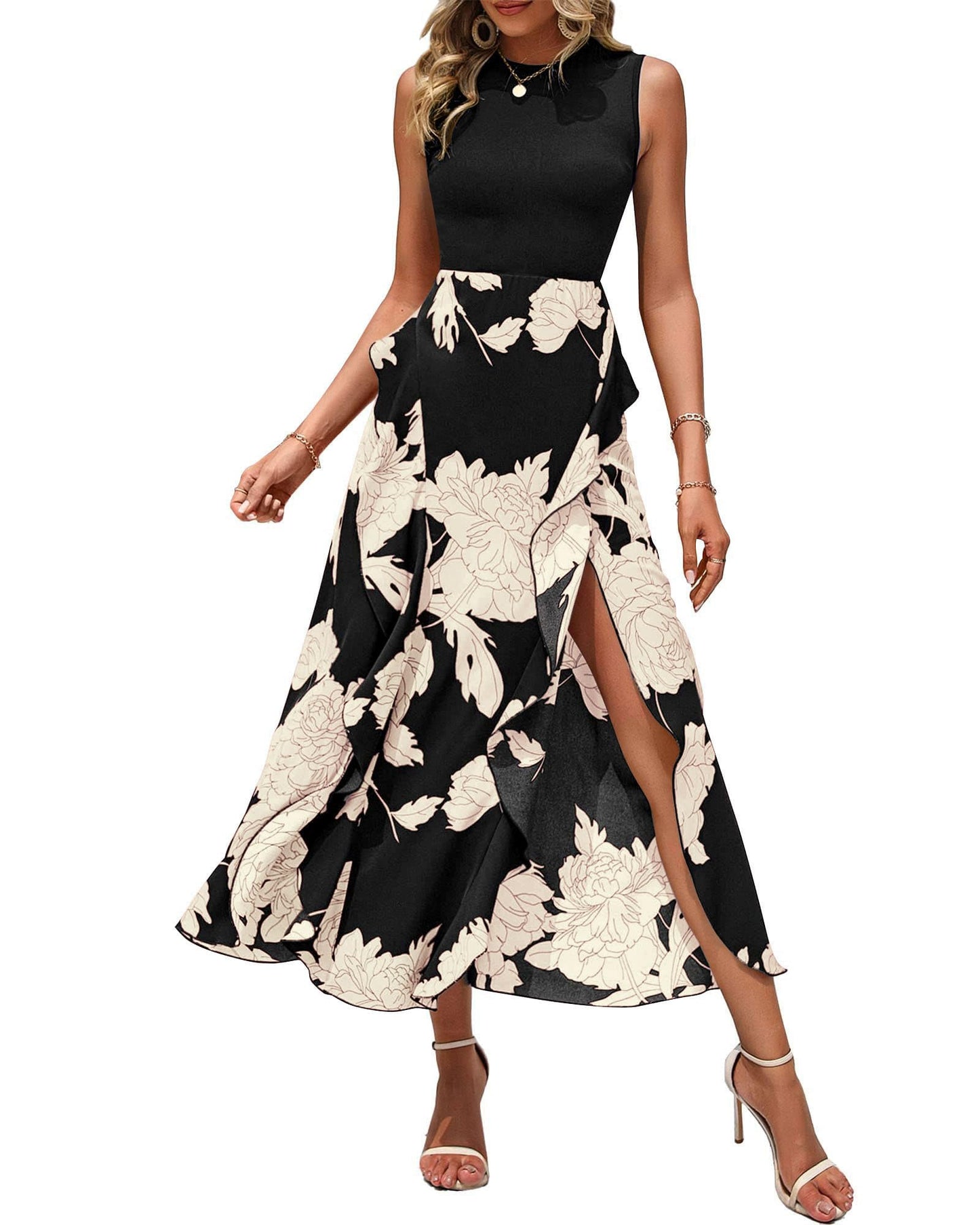 BTFBM Women Casual Sleeveless Summer Dresses 2025 Spring Crewneck Patchwork Boho Floral Ruffle Cocktail Party Midi Dress - 7DAY'S
