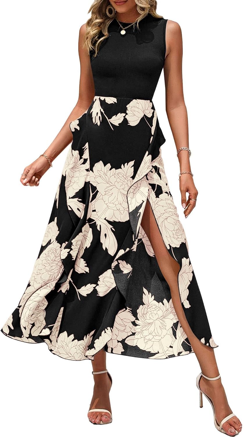 BTFBM Women Casual Sleeveless Summer Dresses 2025 Spring Crewneck Patchwork Boho Floral Ruffle Cocktail Party Midi Dress - 7DAY'S