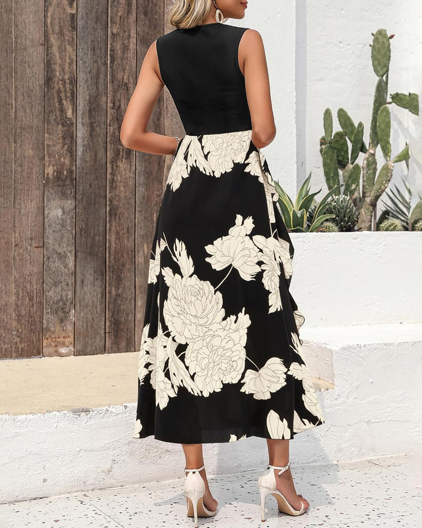 BTFBM Women Casual Sleeveless Summer Dresses 2025 Spring Crewneck Patchwork Boho Floral Ruffle Cocktail Party Midi Dress - 7DAY'S