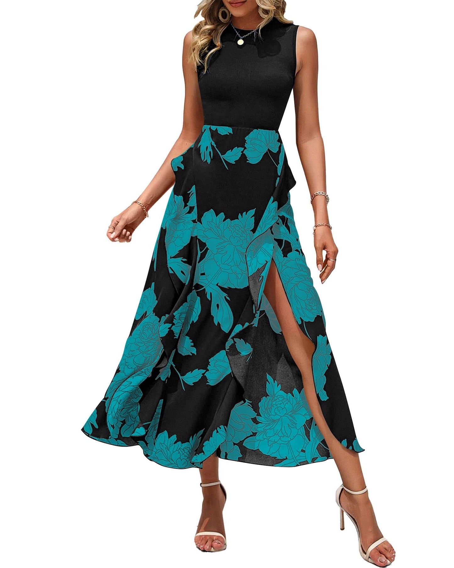 BTFBM Women Casual Sleeveless Summer Dresses 2025 Spring Crewneck Patchwork Boho Floral Ruffle Cocktail Party Midi Dress - 7DAY'S