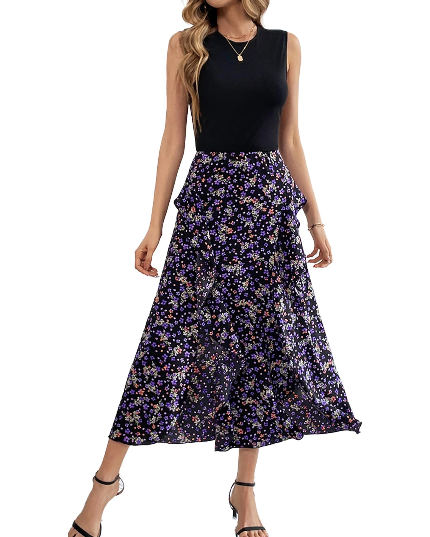 BTFBM Women Casual Sleeveless Summer Dresses 2025 Spring Crewneck Patchwork Boho Floral Ruffle Cocktail Party Midi Dress - 7DAY'S