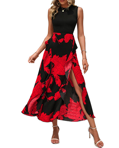 BTFBM Women Casual Sleeveless Summer Dresses 2025 Spring Crewneck Patchwork Boho Floral Ruffle Cocktail Party Midi Dress - 7DAY'S