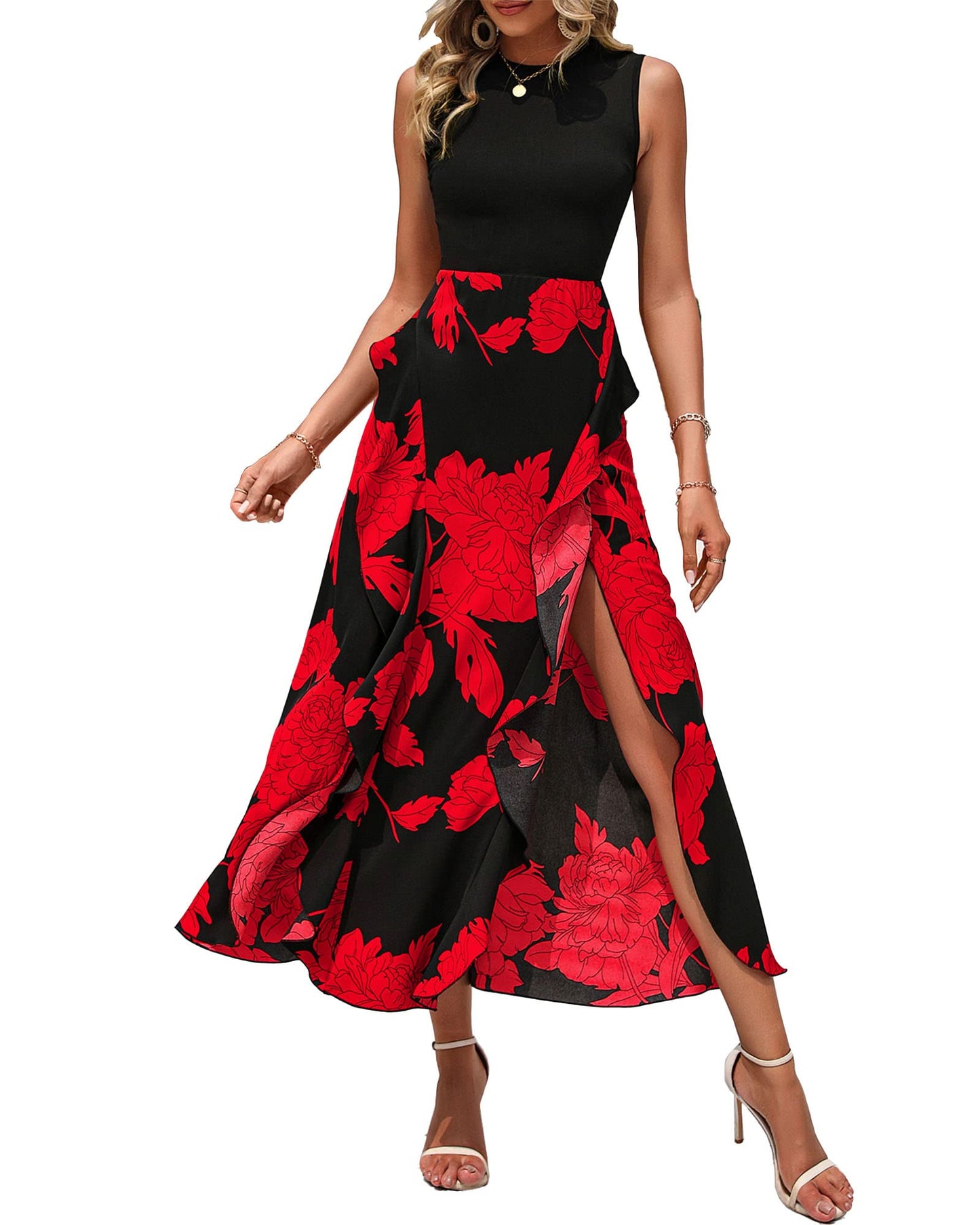 BTFBM Women Casual Sleeveless Summer Dresses 2025 Spring Crewneck Patchwork Boho Floral Ruffle Cocktail Party Midi Dress - 7DAY'S