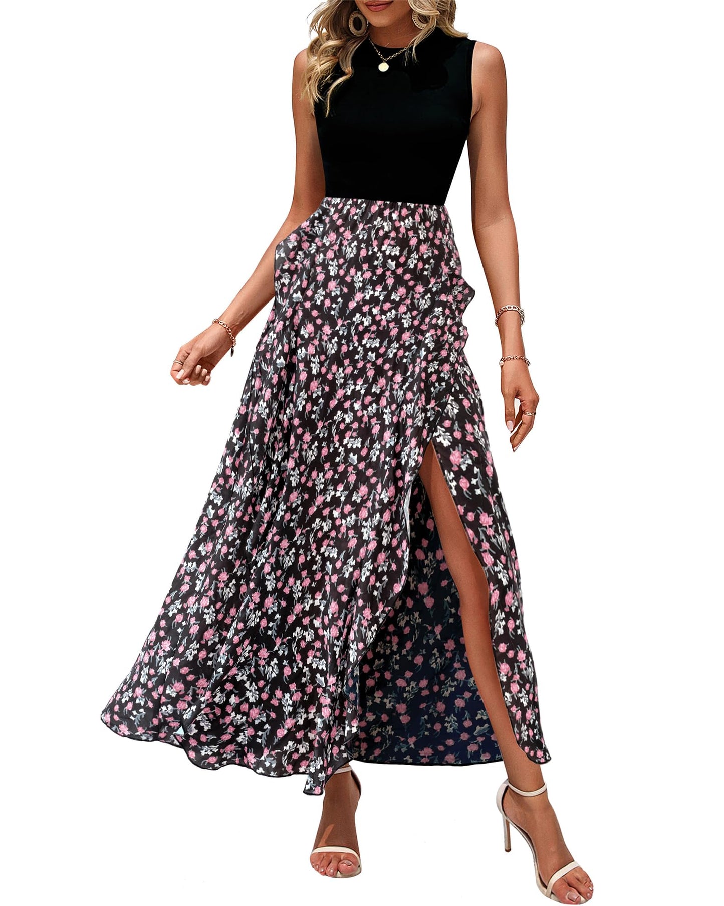 BTFBM Women Casual Sleeveless Summer Dresses 2025 Spring Crewneck Patchwork Boho Floral Ruffle Cocktail Party Midi Dress - 7DAY'S