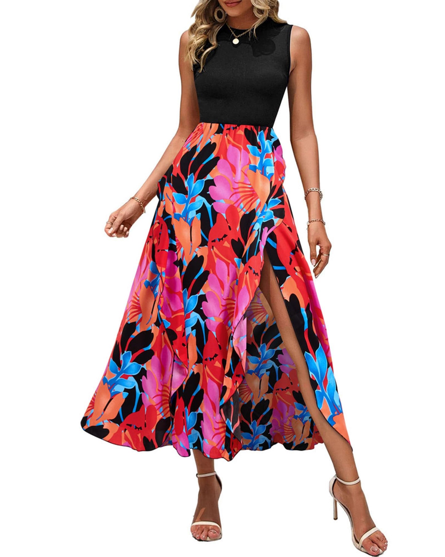 BTFBM Women Casual Sleeveless Summer Dresses 2025 Spring Crewneck Patchwork Boho Floral Ruffle Cocktail Party Midi Dress - 7DAY'S