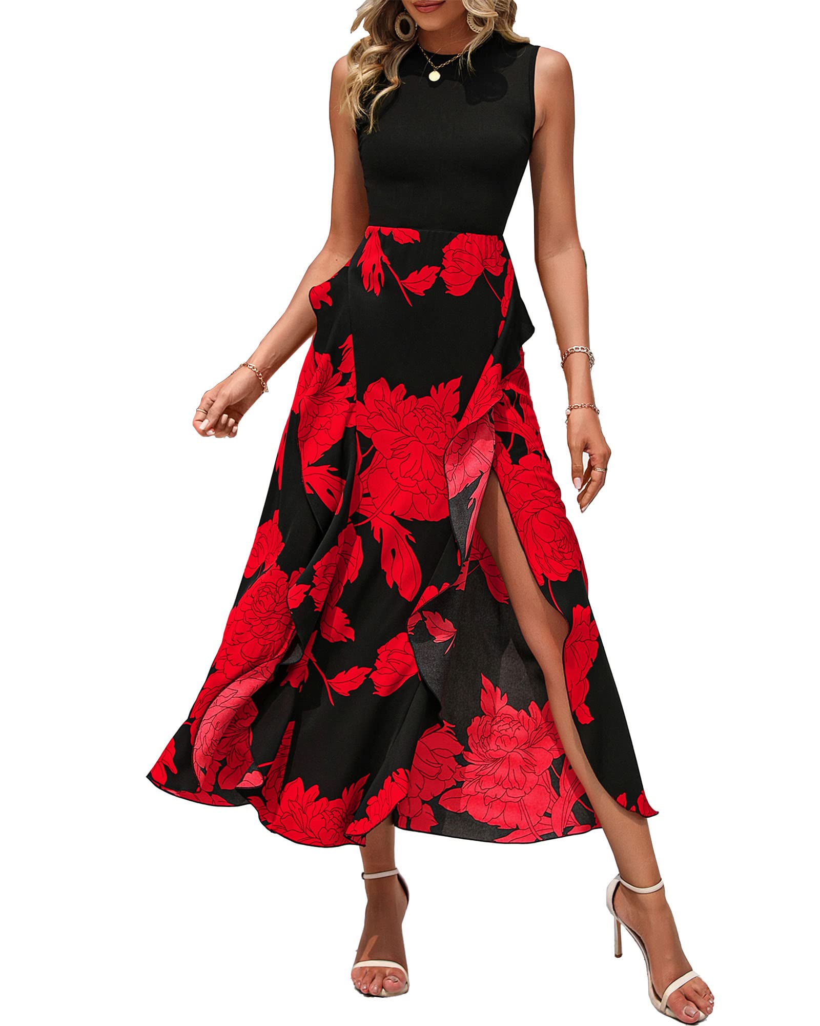 BTFBM Women Casual Sleeveless Summer Dresses 2025 Spring Crewneck Patchwork Boho Floral Ruffle Cocktail Party Midi Dress - 7DAY'S