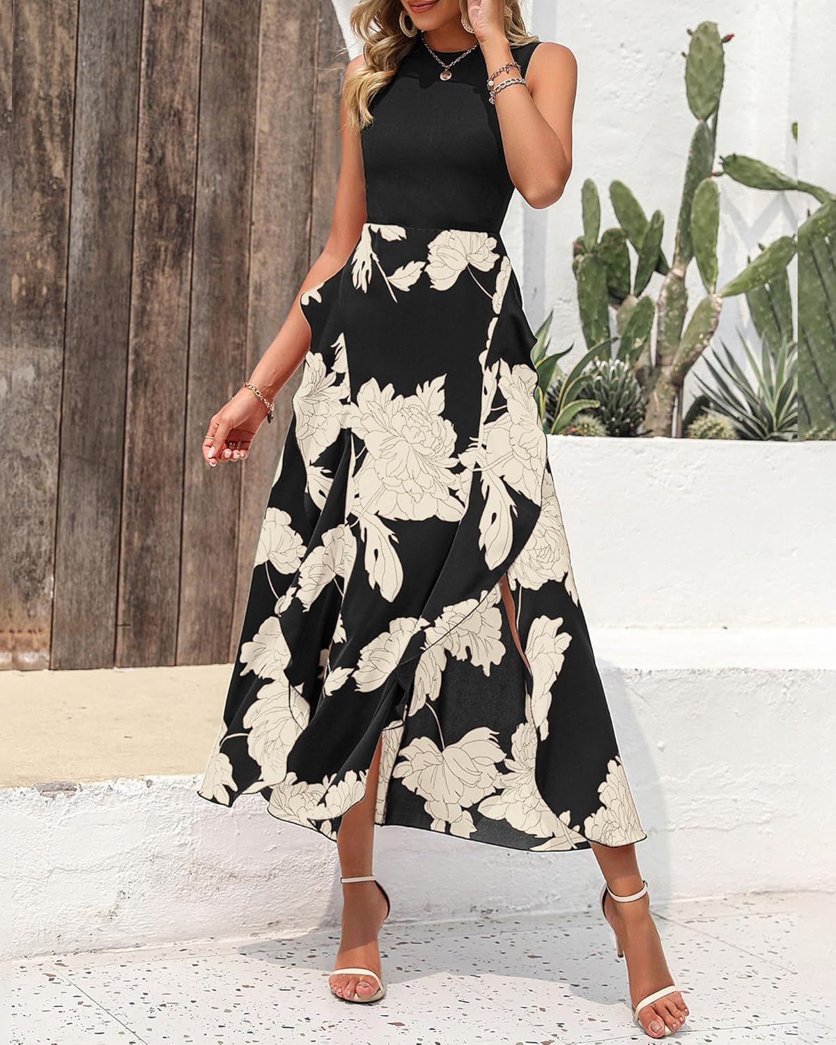BTFBM Women Casual Sleeveless Summer Dresses 2025 Spring Crewneck Patchwork Boho Floral Ruffle Cocktail Party Midi Dress - 7DAY'S