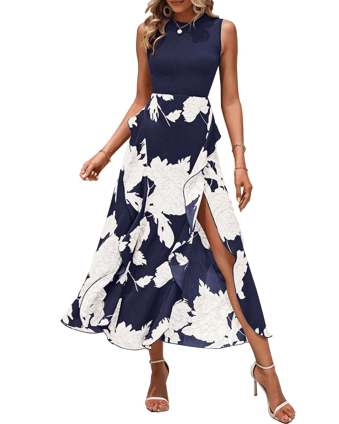 BTFBM Women Casual Sleeveless Summer Dresses 2025 Spring Crewneck Patchwork Boho Floral Ruffle Cocktail Party Midi Dress - 7DAY'S