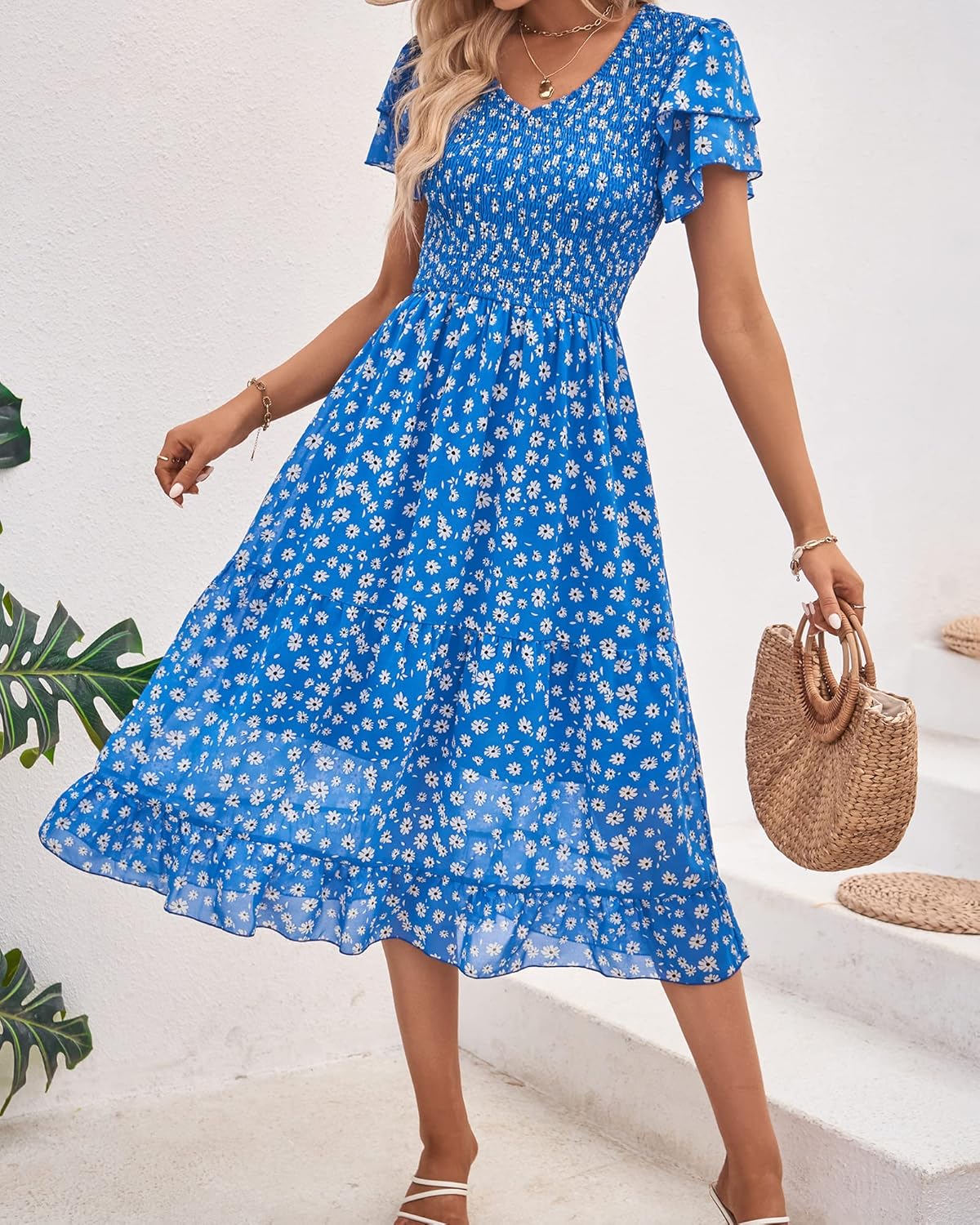 BTFBM Women Casual Summer Short Ruffles Tiered Sleeve Smocked Midi Dresses Bohemian Floral V Neck Wedding Guest Long Dresses - 7DAY'S
